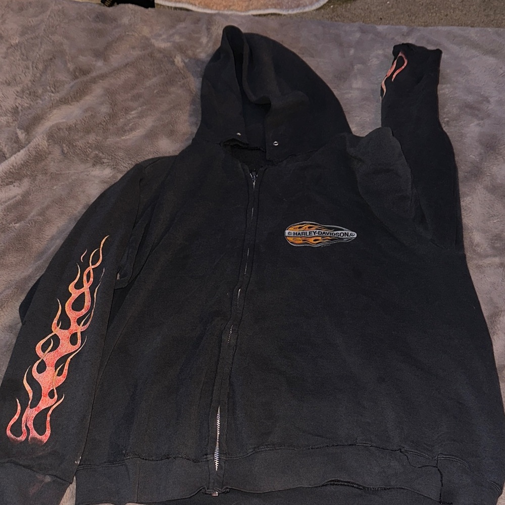 Harley-Davidson Black Zip-Up with Orange Flame Sleeve